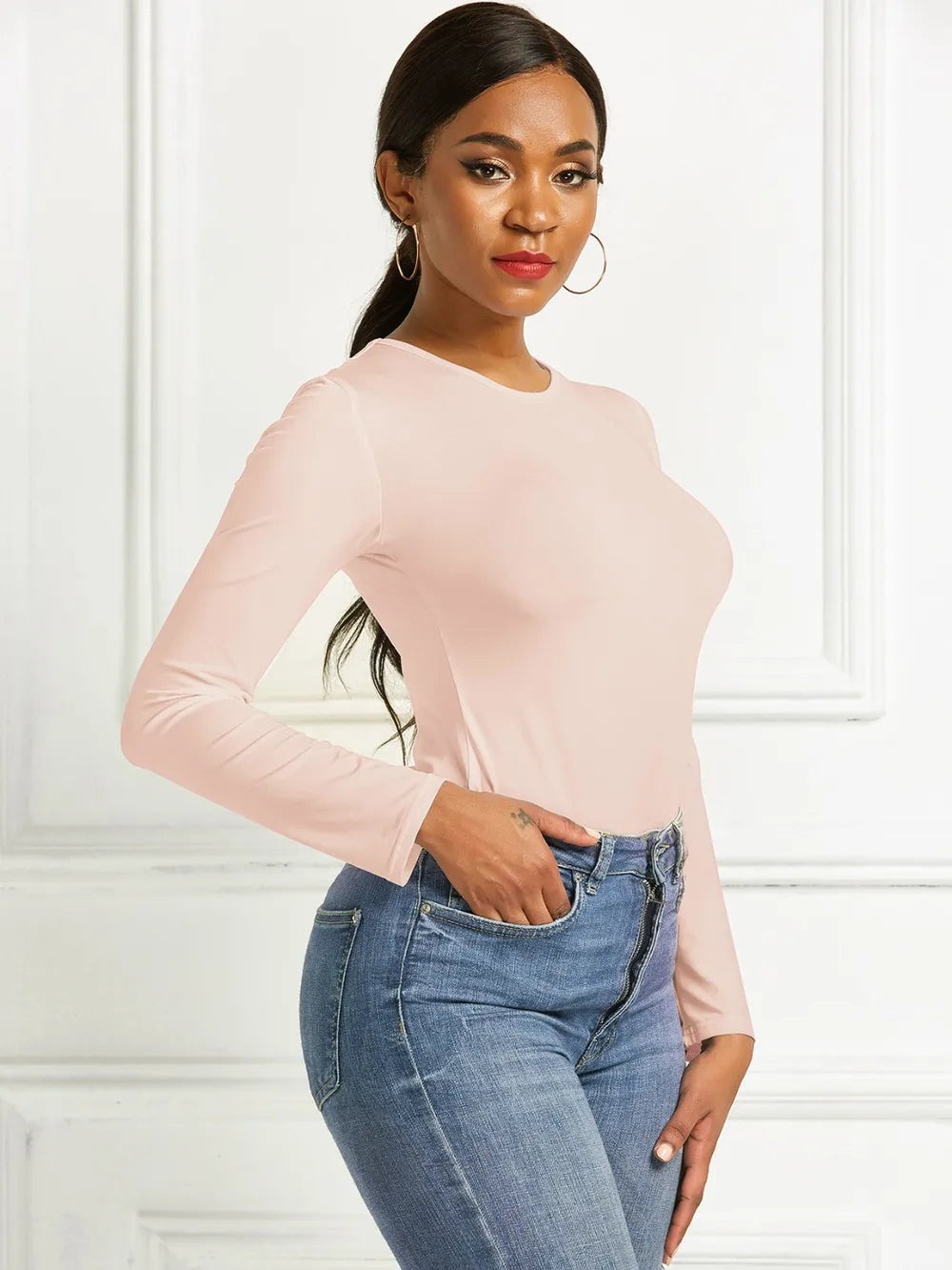 Round Neck Long Sleeve Bodysuit nicholesgifts