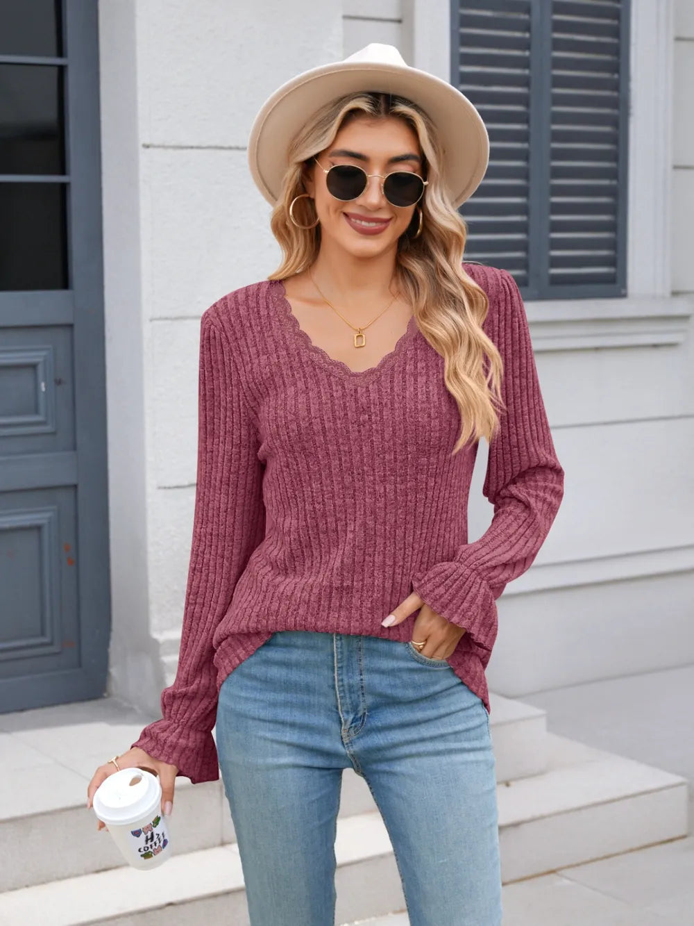 Lace Detail V-Neck Long Sleeve T-Shirt NicholesGifts