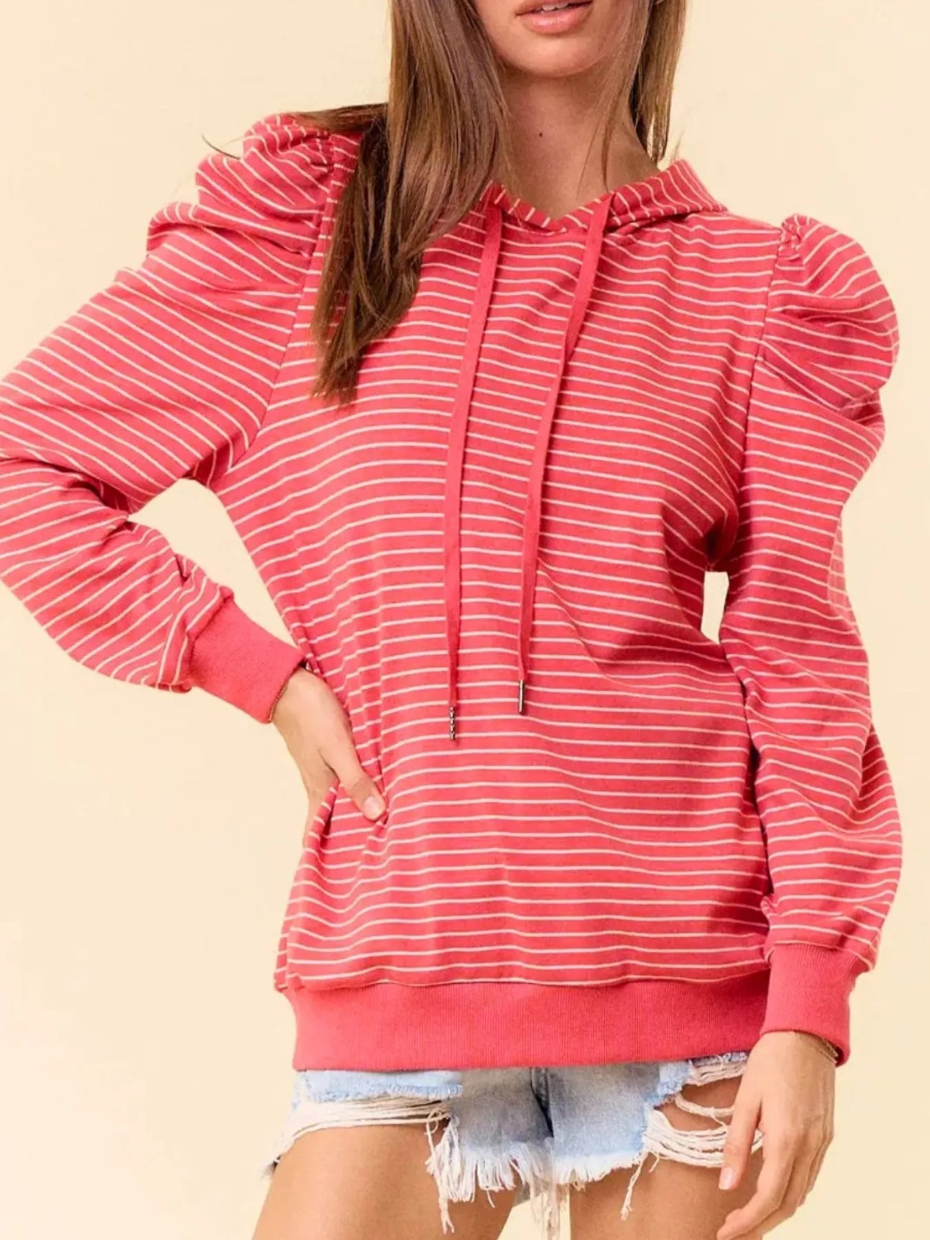 Striped Puff Sleeve Hoodie with Drawstring nicholesgifts