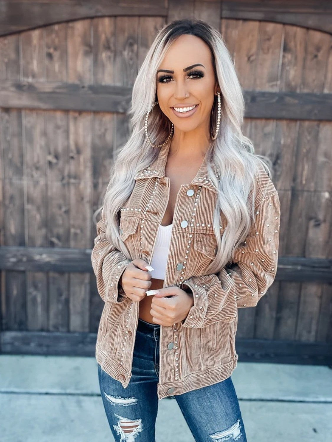 Studded Collared Neck Button Down Jacket nicholesgifts