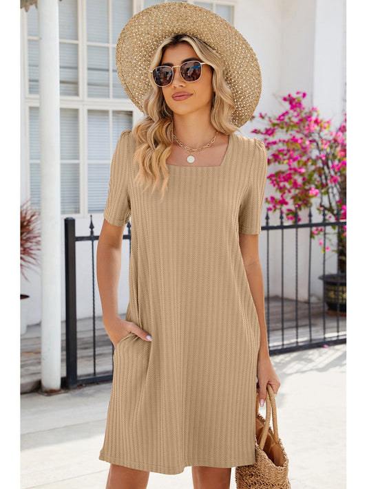 Pocketed Square Neck Short Sleeve Dress nicholesgifts