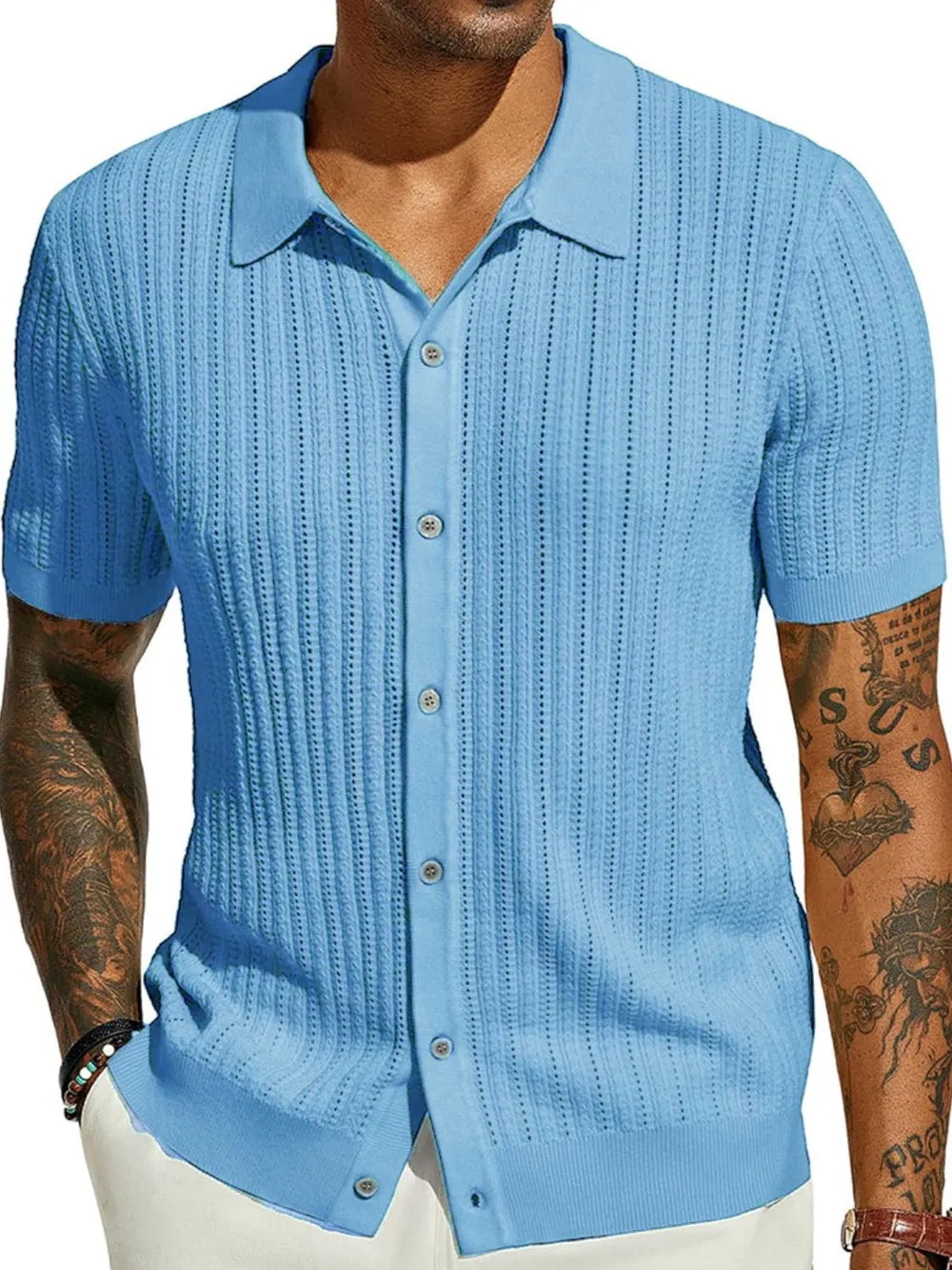 Men's Full Size Openwork Button Down Collared Neck Shirt Plus Size NicholesGifts
