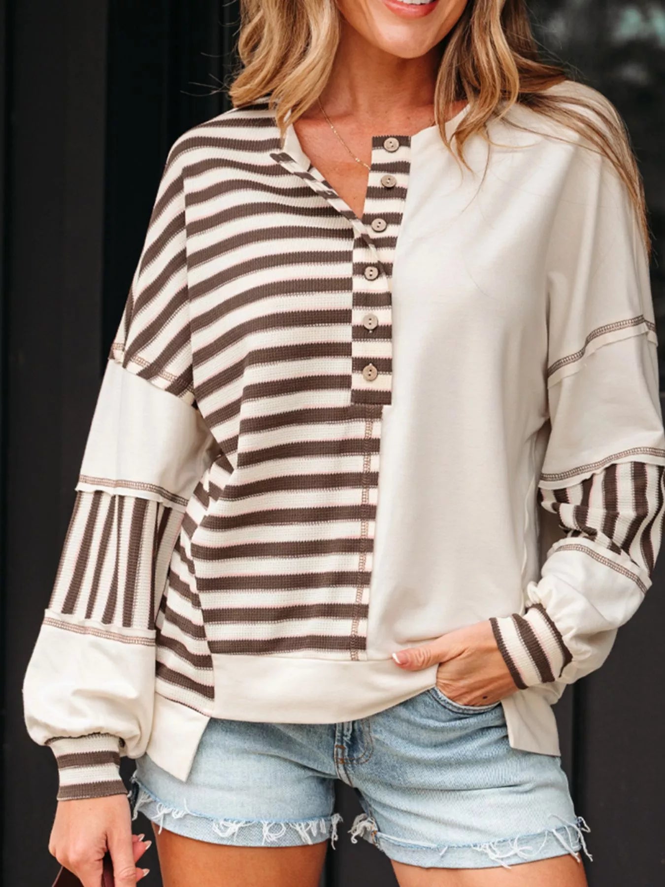 Stripe Stitched Detail Color Block Patchwork Oversized Top Trendsi
