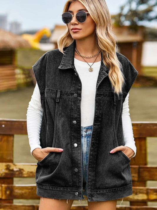 Button Up Collared Neck Sleeveless Denim Jacket nicholesgifts