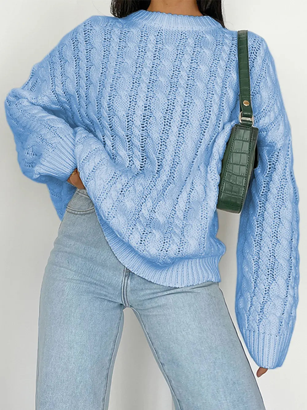 Openwork Round Sleeve Cable-Knit Sweater Trendsi