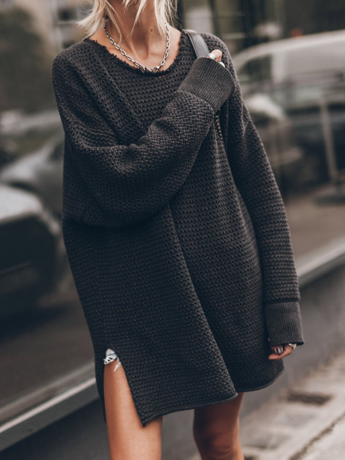 Openwork Round Neck Long Sleeve Slit Sweater nicholesgifts