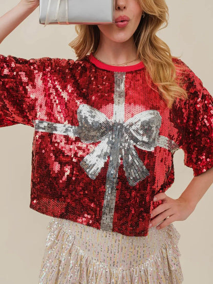 Sequin Bow Graphic Round Neck Half Sleeve T-Shirt nicholesgifts
