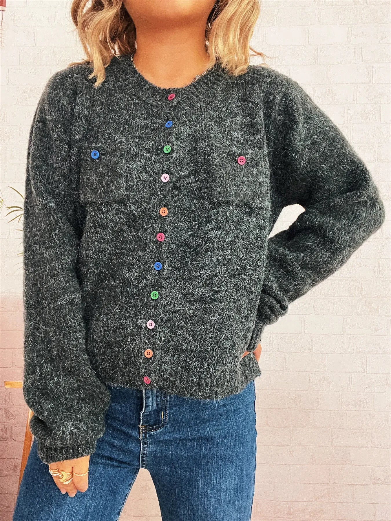 Button-Up Ribbed Hem Cardigan with Chest Pocket