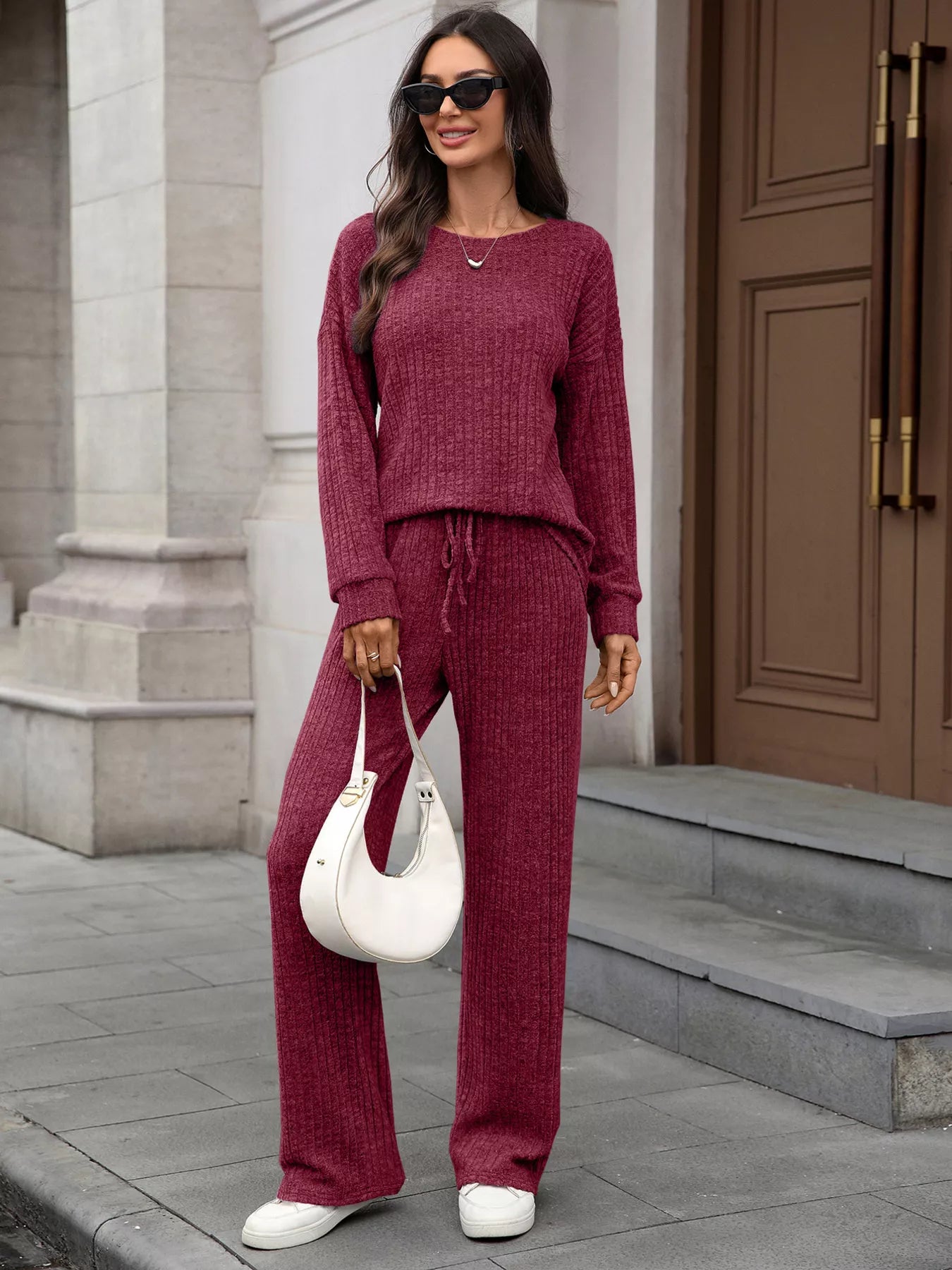 Ribbed Round Neck Top and Pants Set NicholesGifts