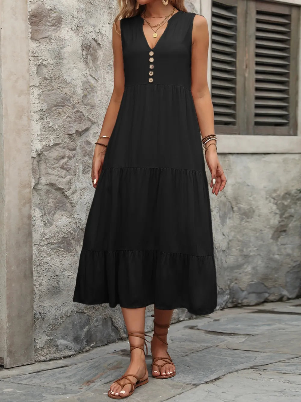 Ivy Lane Decorative Button Notched Sleeveless Dress Trendsi