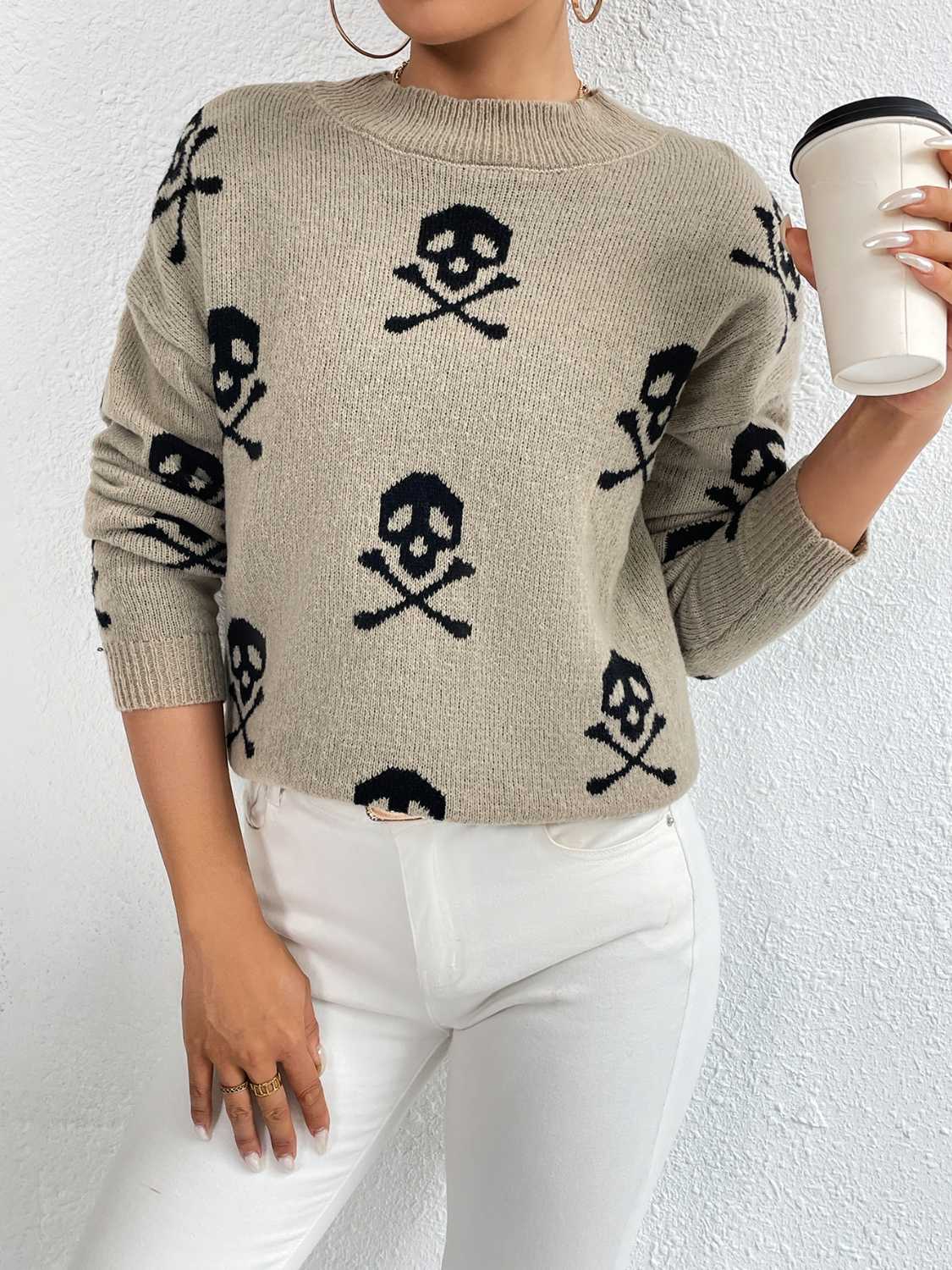 Patterned Drop Shoulder Sweater Trendsi