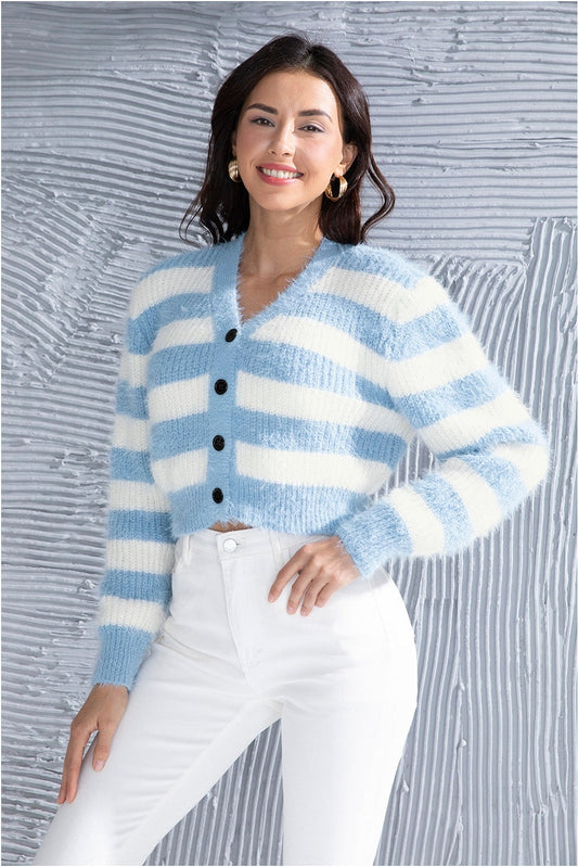 Women Striped Button Up Cropped Cardigan NicholesGifts
