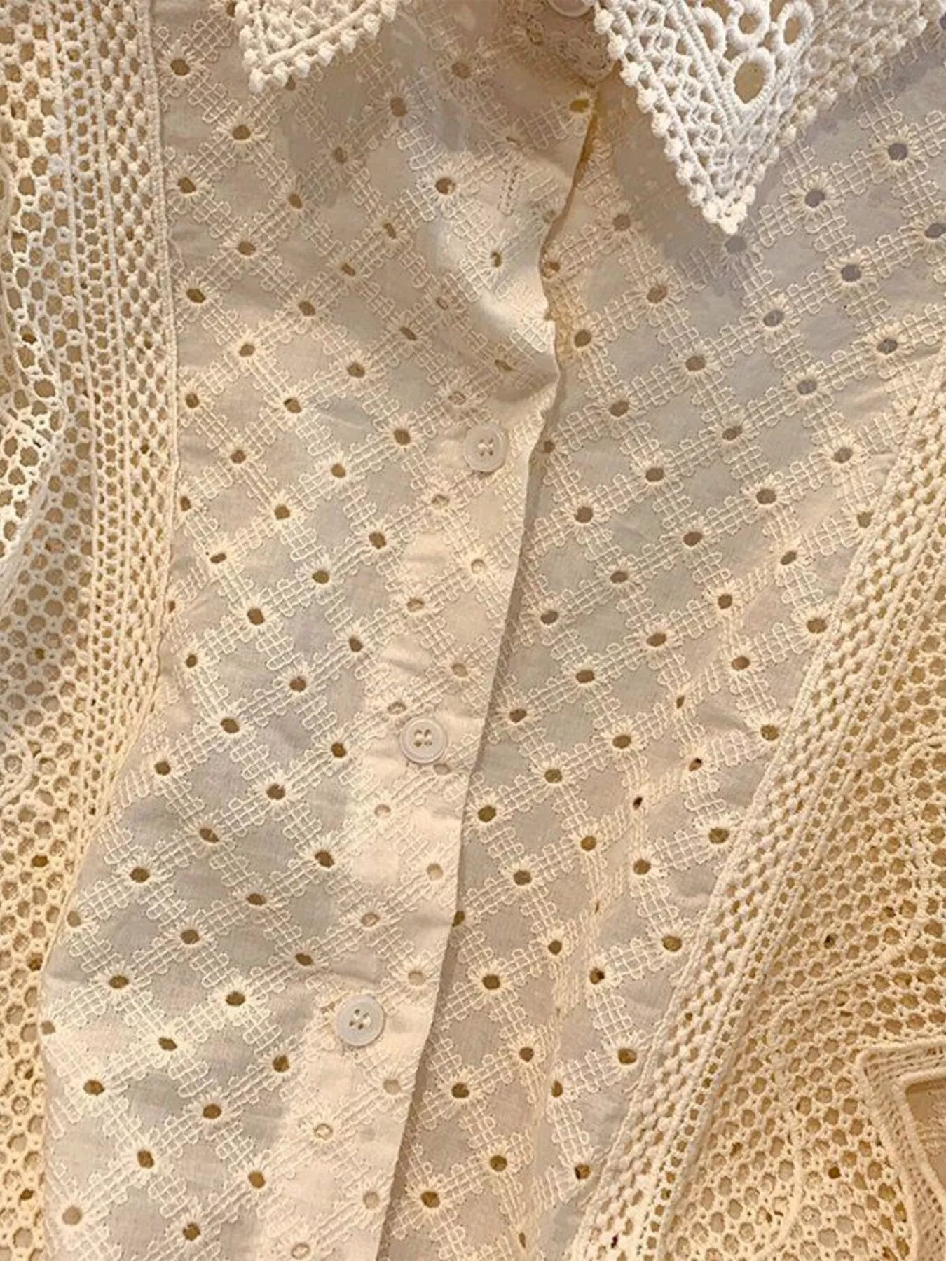 Eyelet Button-Up Shirt with Scalloped Hem
