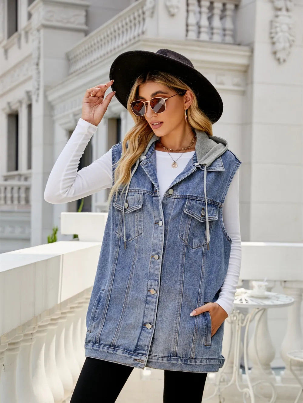 Drawstring Pocketed Button Up Sleeveless Denim Jacket nicholesgifts