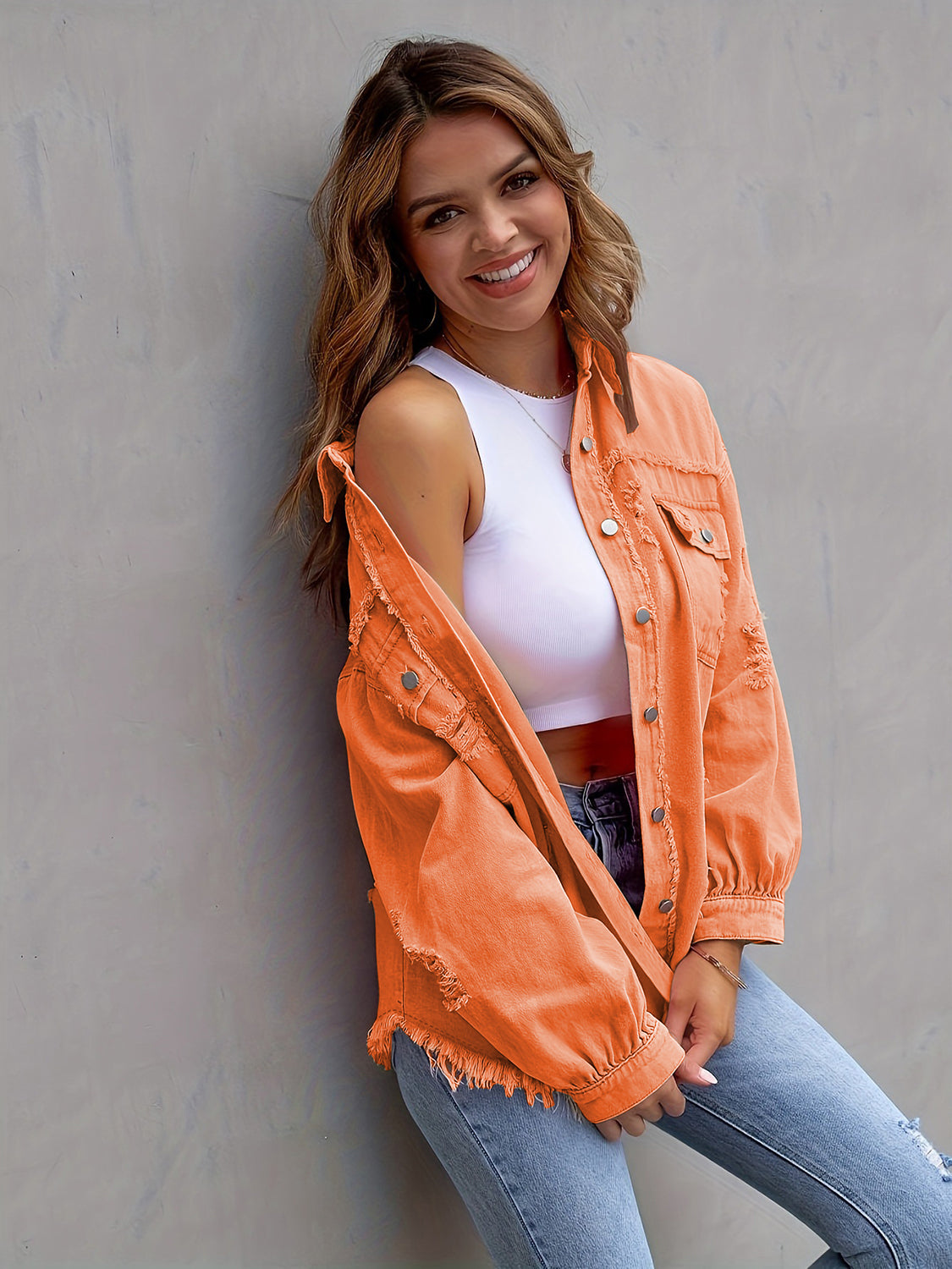 Distressed Drop Shoulder Denim Jacket nicholesgifts