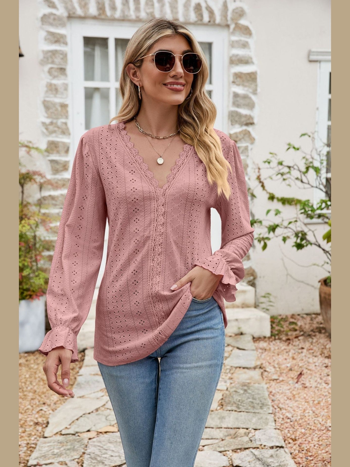 Eyelet Lace Trim Flounce Sleeve Blouse