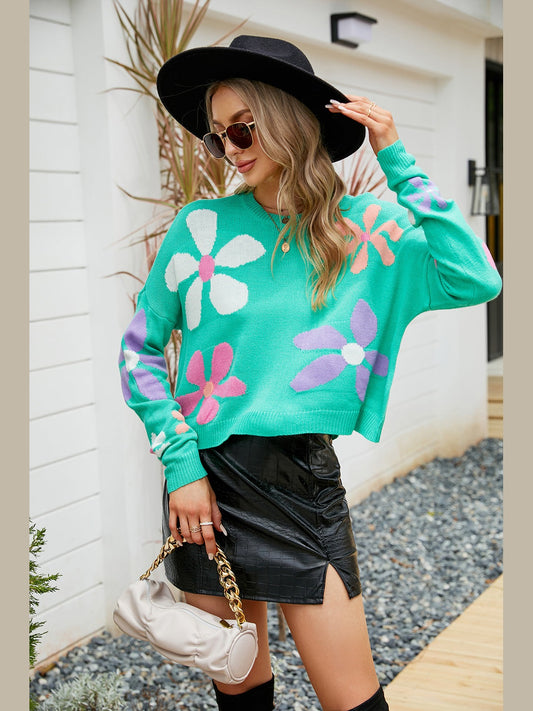 Flower Round Neck Drop Shoulder Sweater NicholesGifts