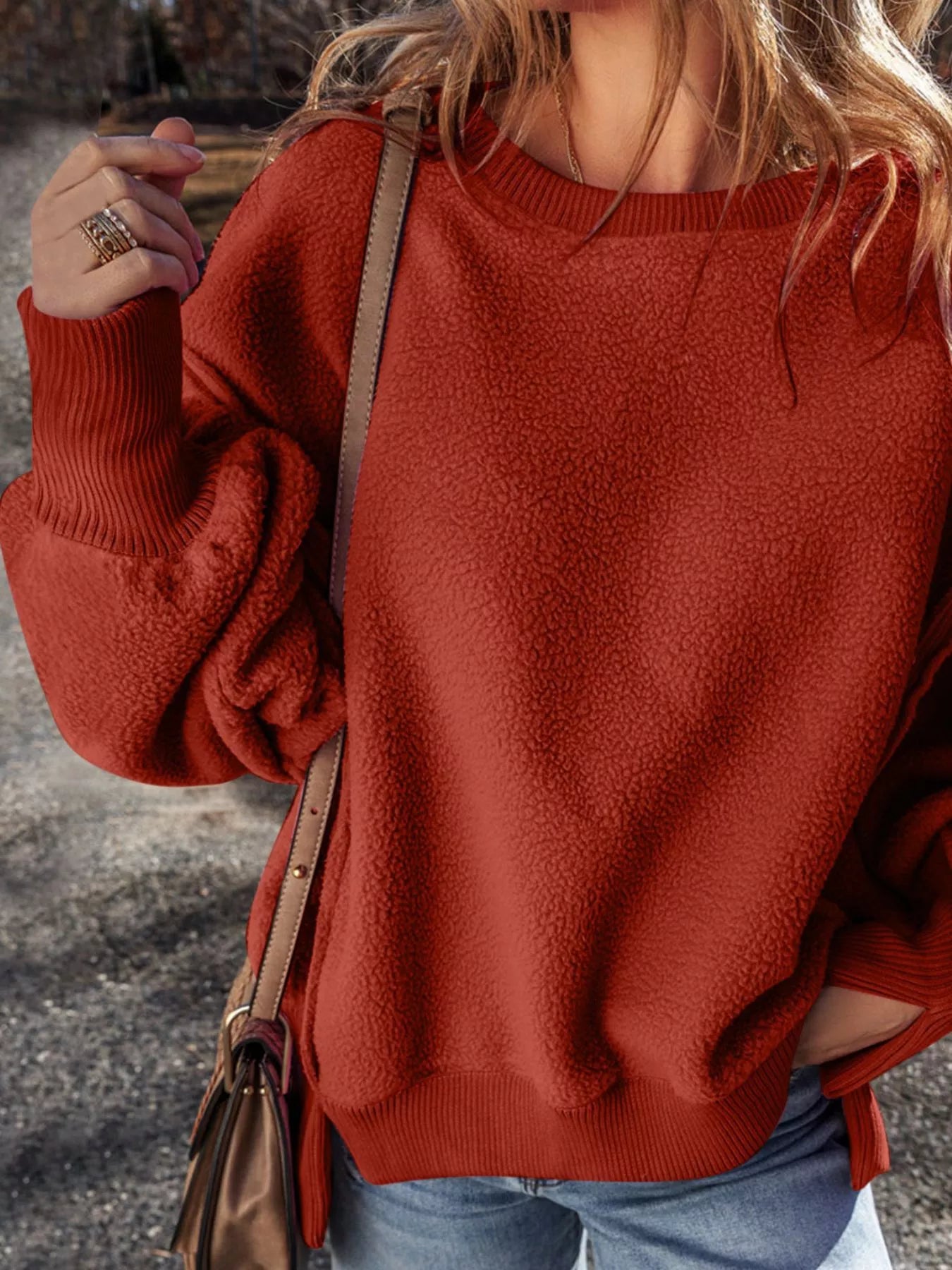 Round Neck Dropped Shoulder Sweatshirt Trendsi
