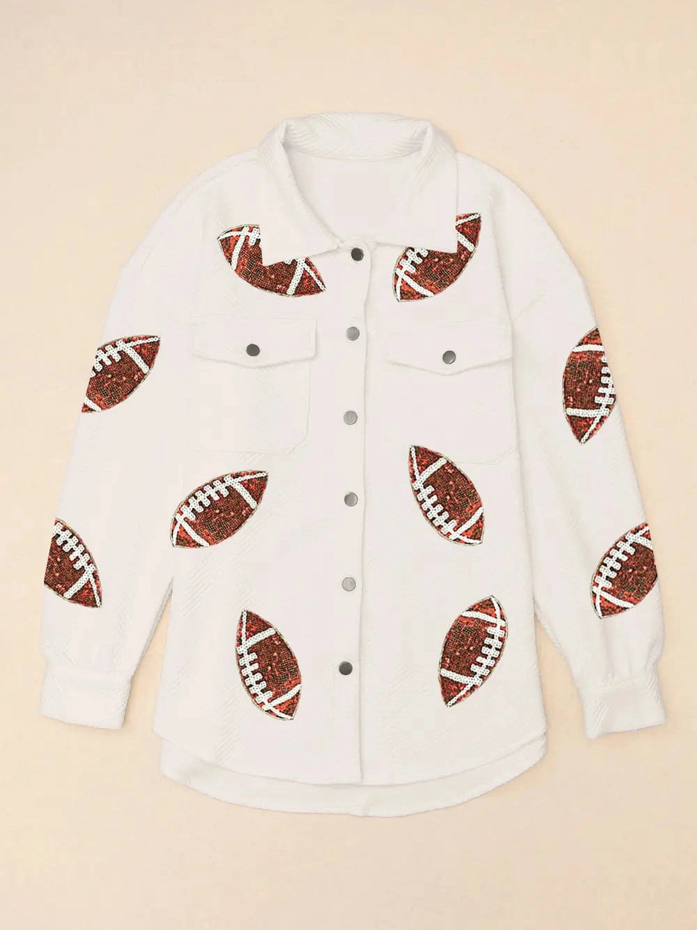 Sequin Football Patch Collared Neck Snap Button Jacket nicholesgifts