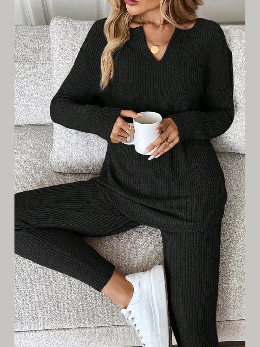 Notched Long Sleeve Top and Pants Set nicholesgifts