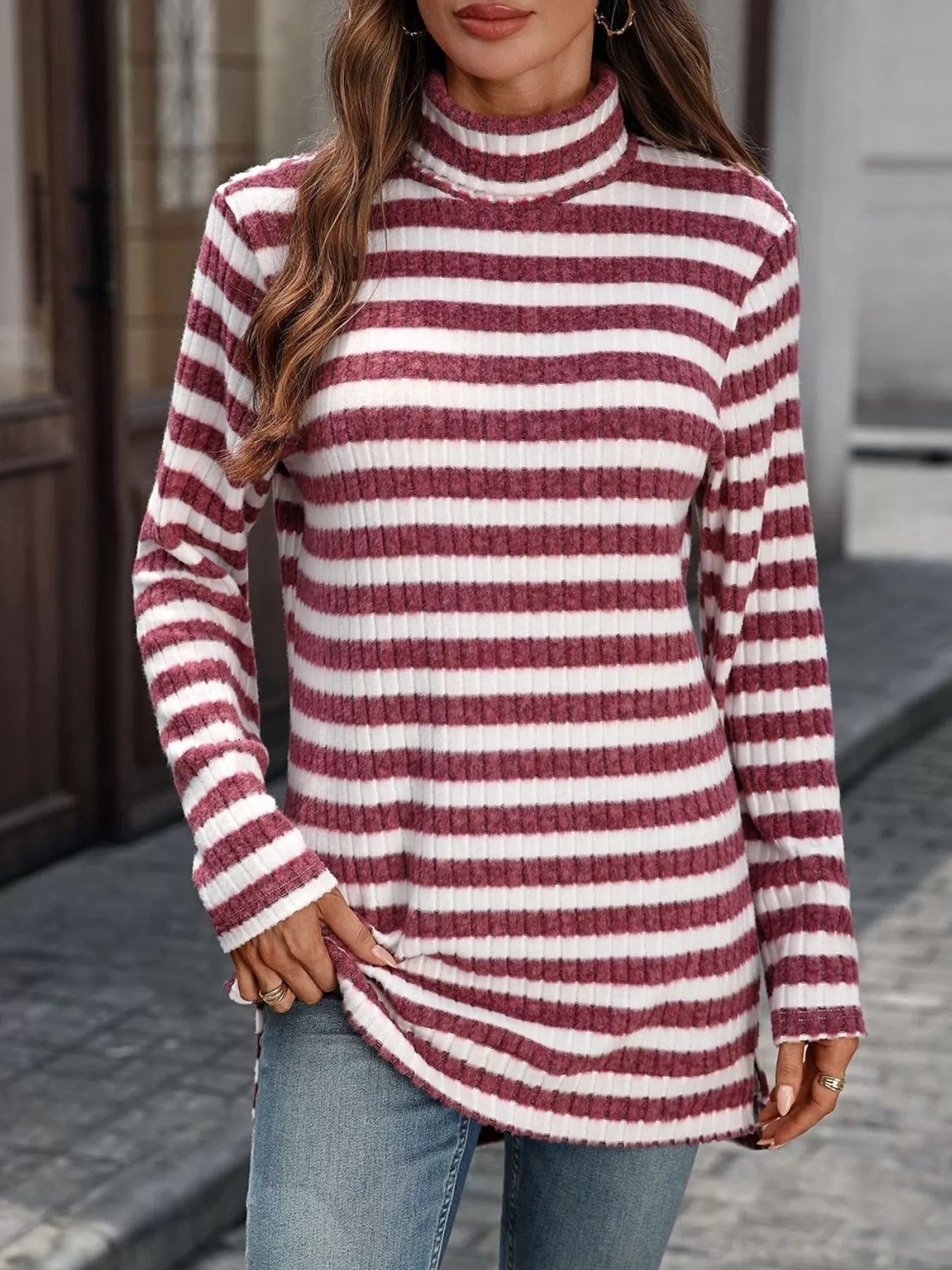Striped Turtleneck Long Sleeve Knit Top Trendsi