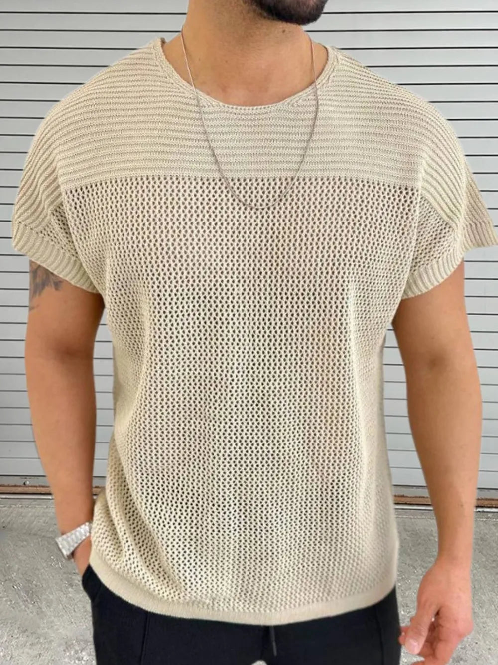 Men's Eyelet Round Neck Short Sleeve T-Shirt Trendsi