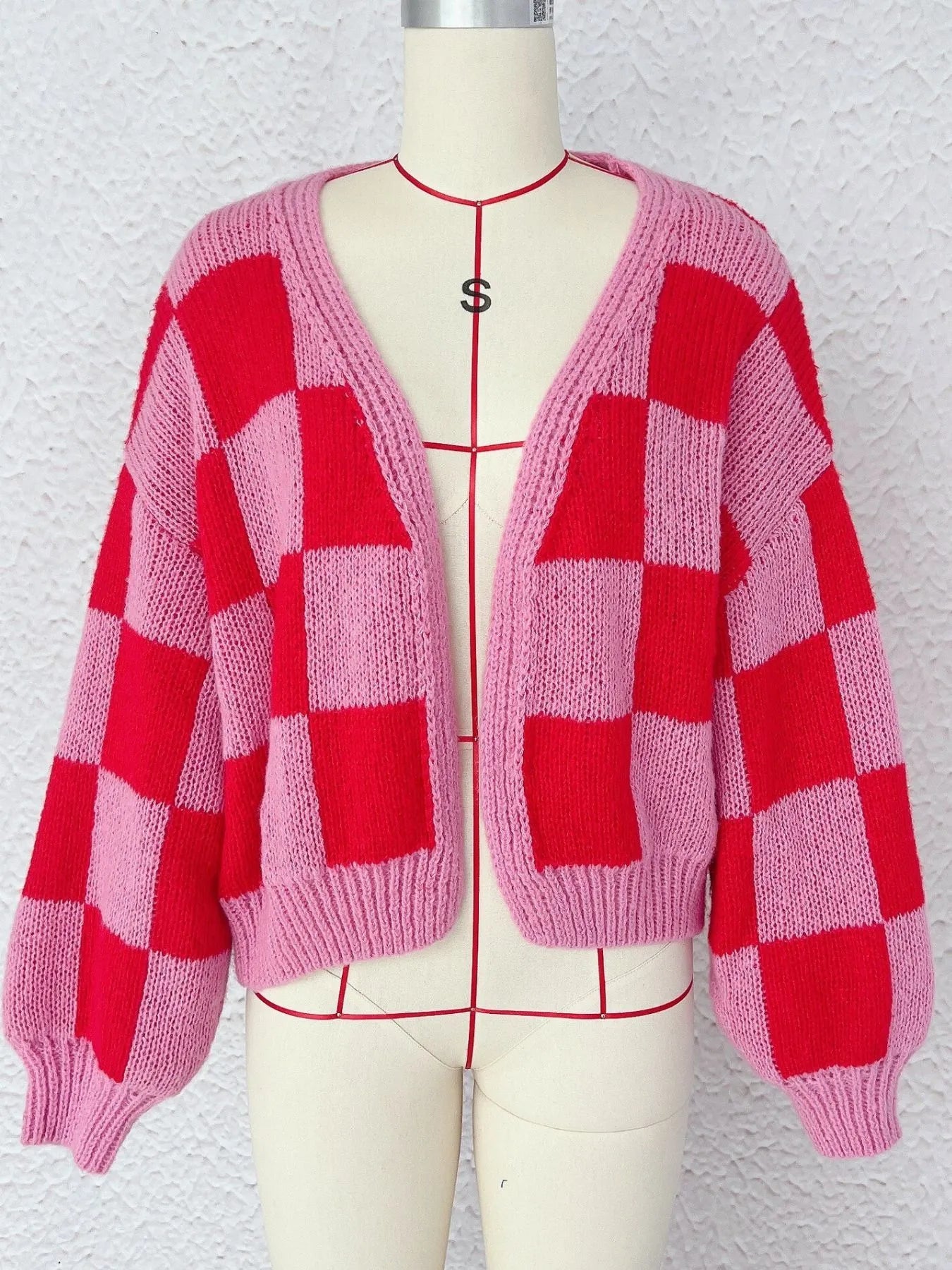Checkered Open Front Long Sleeve Cardigan