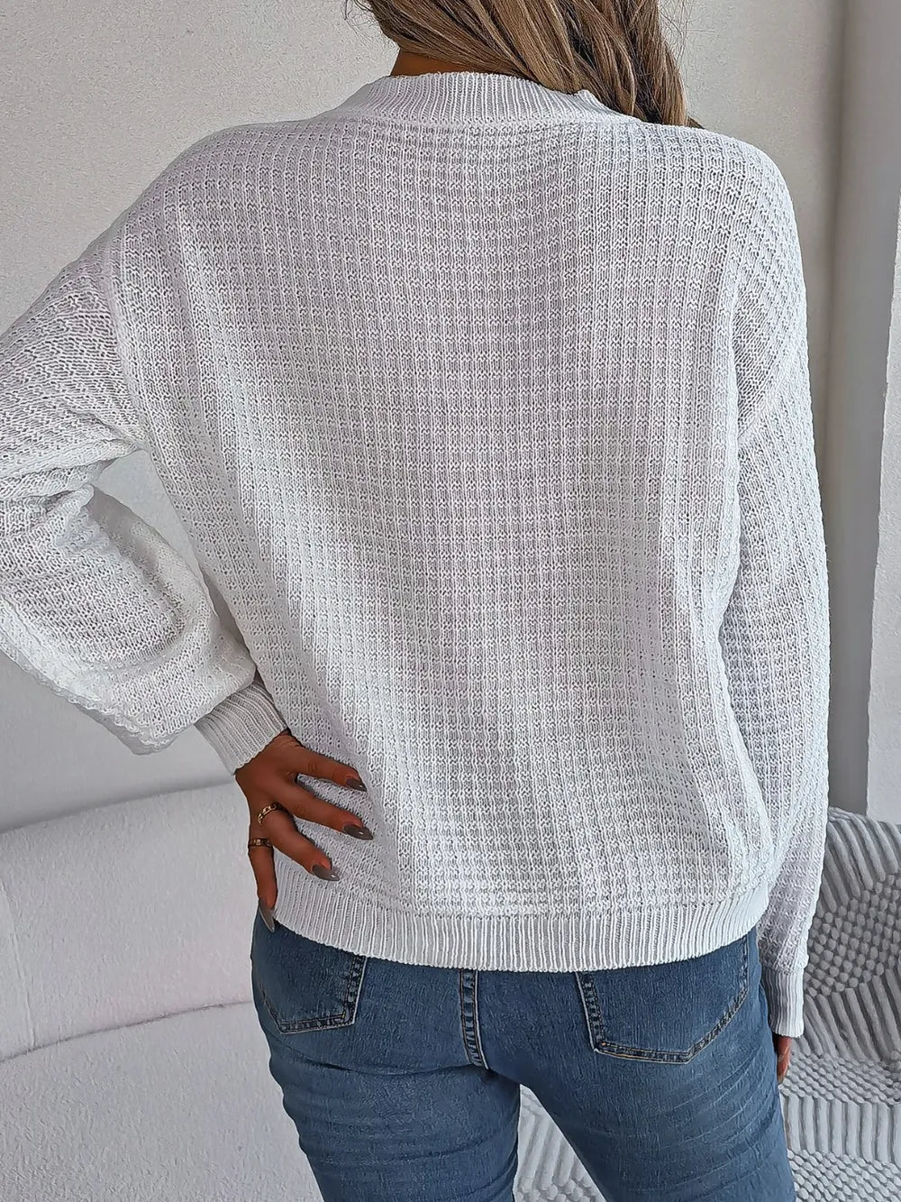 Cable-Knit Round Neck Long Sleeve Sweater Trendsi