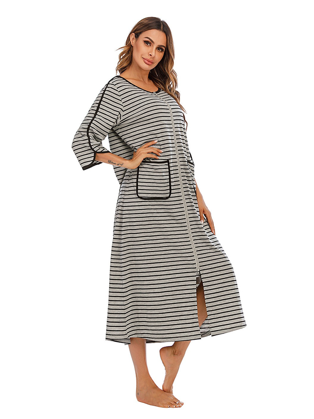 Round Neck Three-Quarter Sleeve Midi Night Dress nicholesgifts