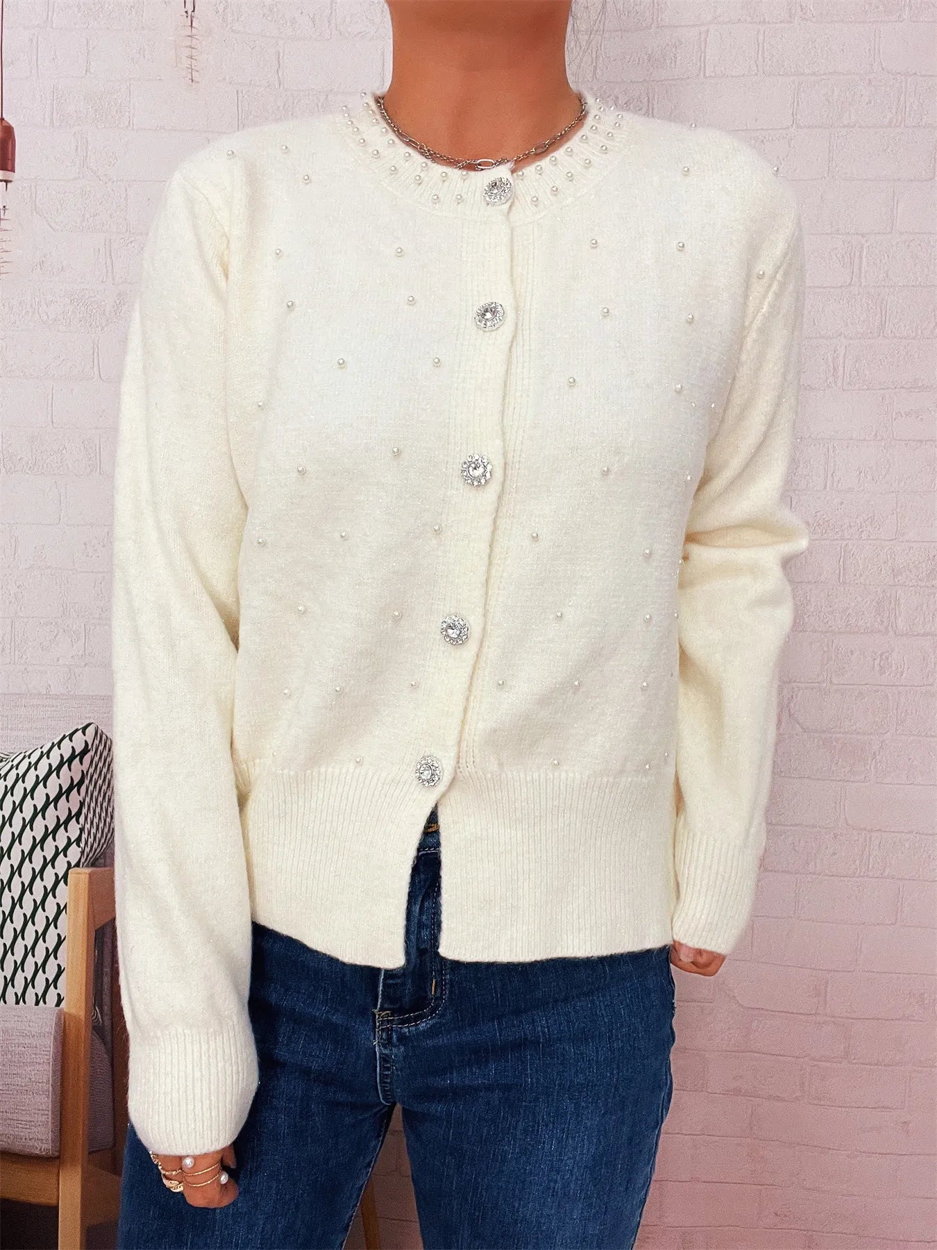 Pearl Detail Button-Front Cardigan NicholesGifts