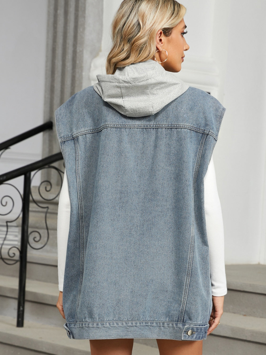 Removable Hood Button Up Cap Sleeve Denim Jacket nicholesgifts