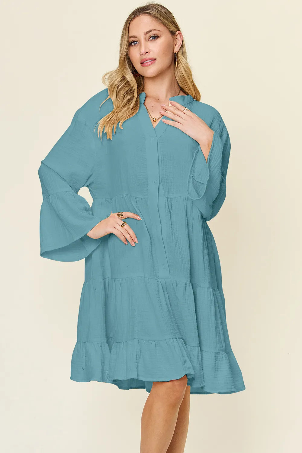 Double Take Full Size Texture Button Up Ruffle Hem Dress Trendsi
