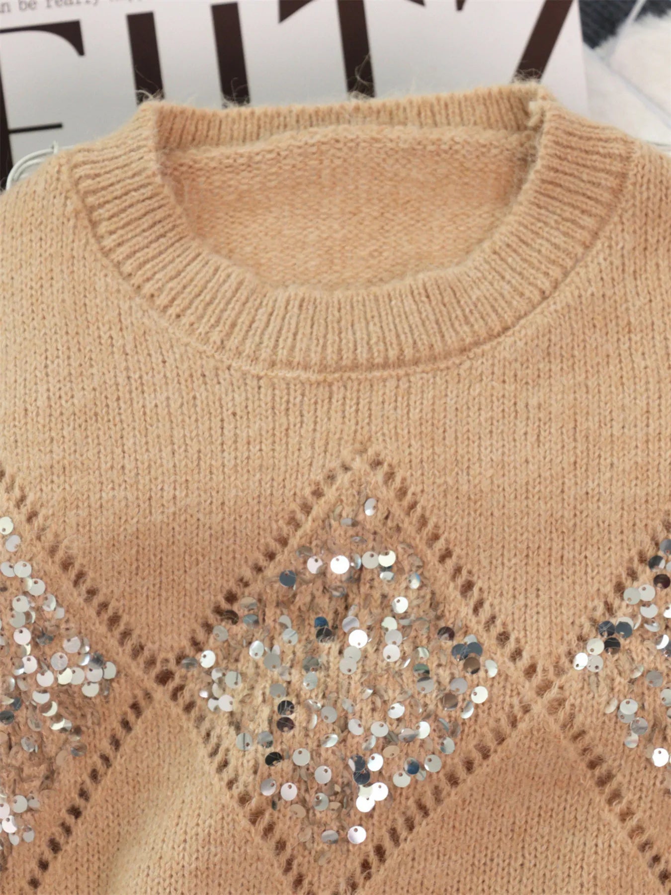 Sequined Diamond Pattern Oversized Sweater Trendsi