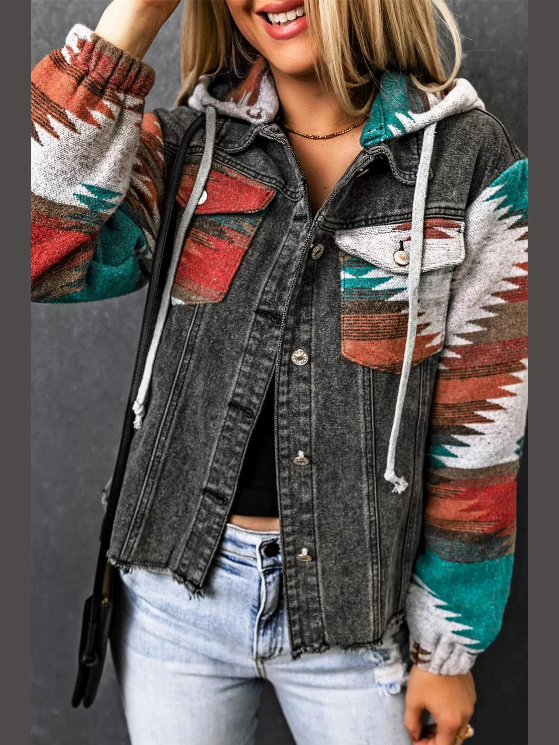 Drawstring Hooded Pocketed Denim Jacket nicholesgifts