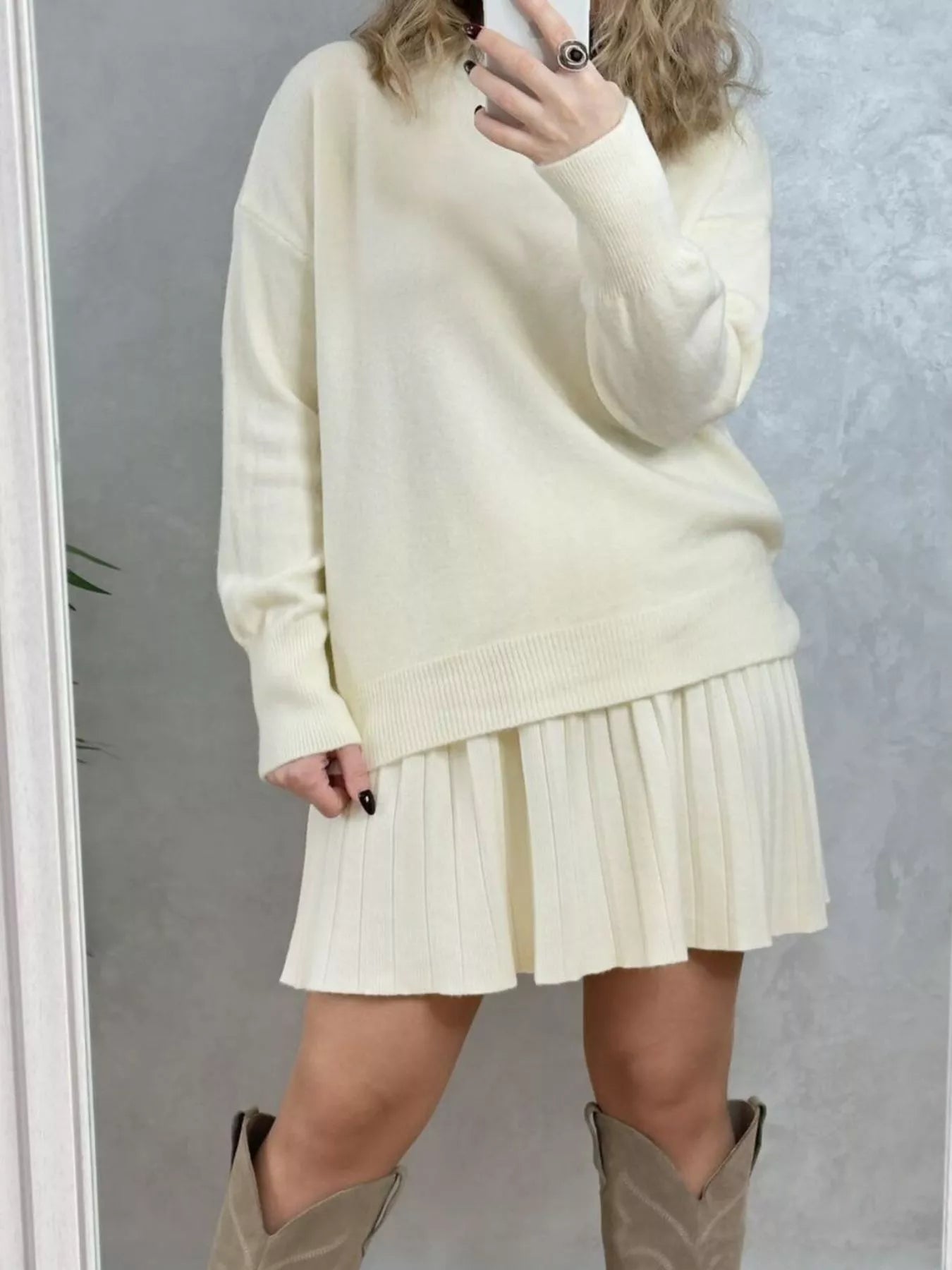 Round Neck Top and Pleated Skirt Sweater Set nicholesgifts