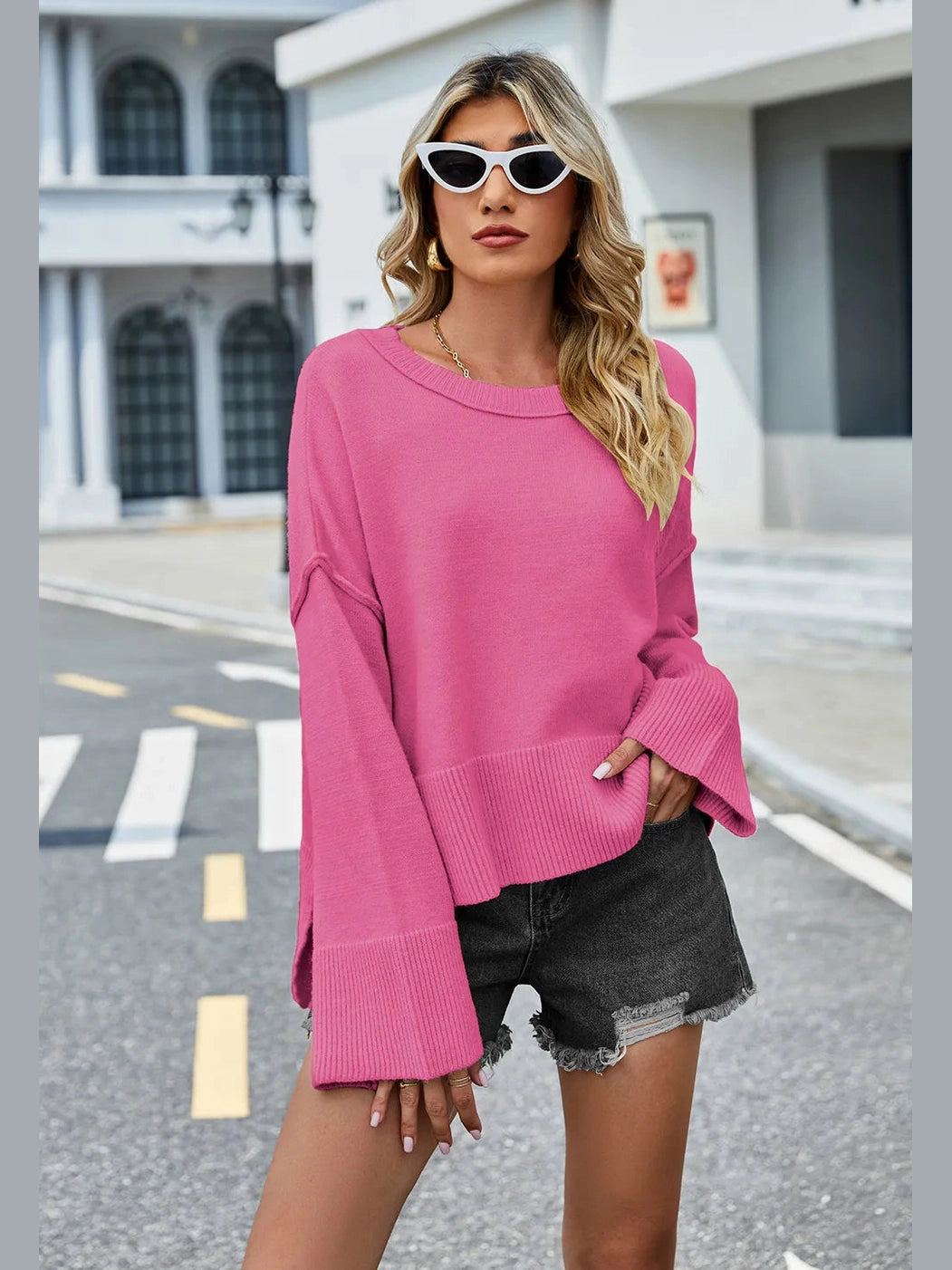 High-Low Slit Round Neck Long Sleeve Sweater nicholesgifts