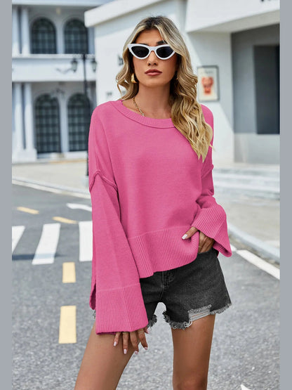 High-Low Slit Round Neck Long Sleeve Sweater nicholesgifts