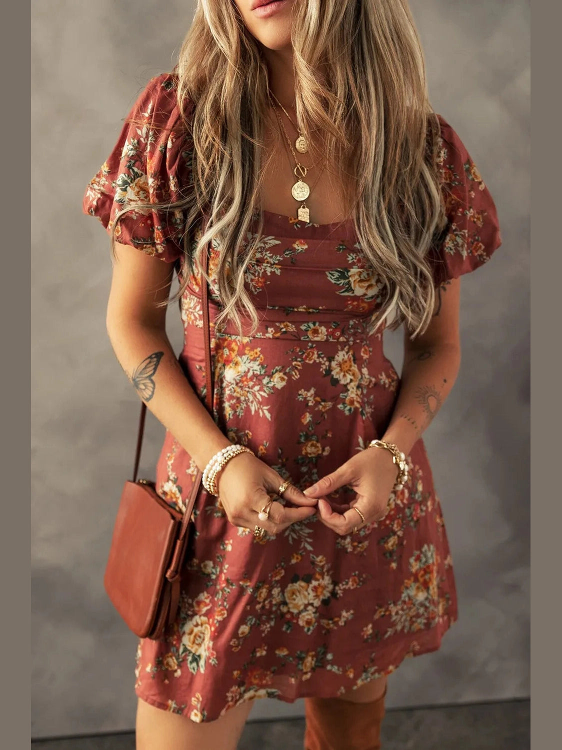 Floral Puff Sleeve Square Neck Knot Open Back Mini Dress NicholesGifts