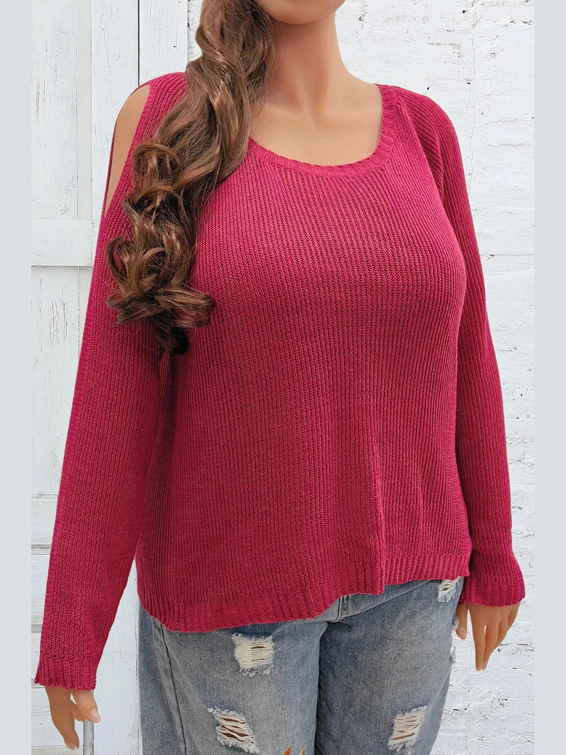 Plus Size Cold Shoulder Round Neck Sweater Trendsi