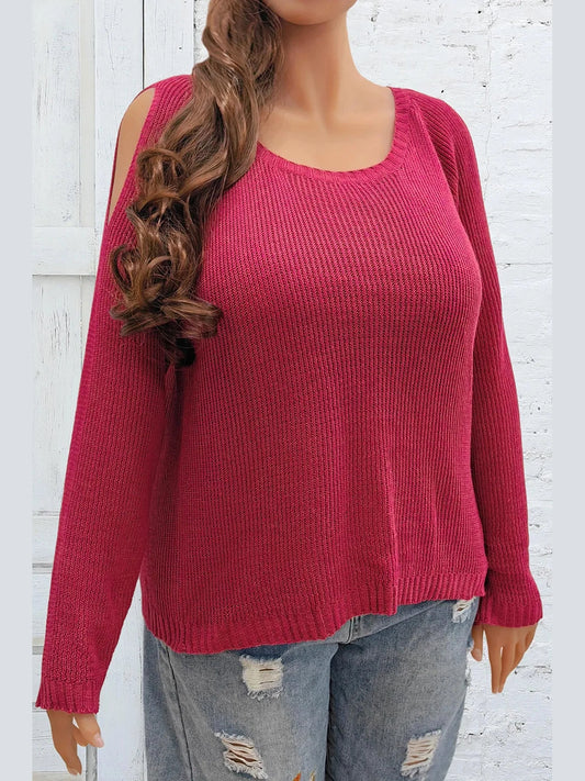 Plus Size Cold Shoulder Round Neck Sweater Trendsi