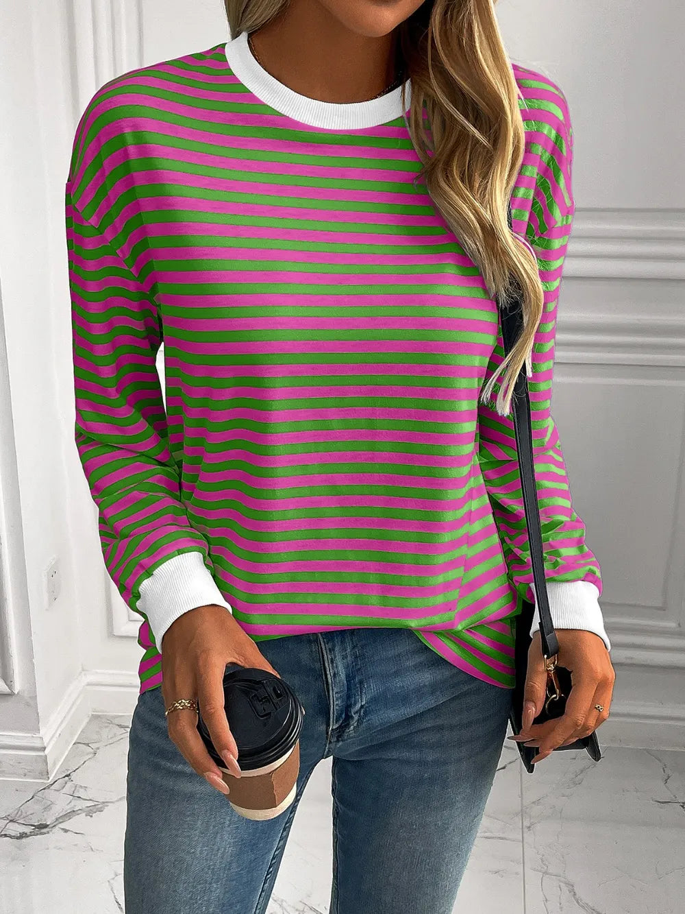 Ivy Lane Striped Round Neck Long Sleeve Sweatshirt Trendsi