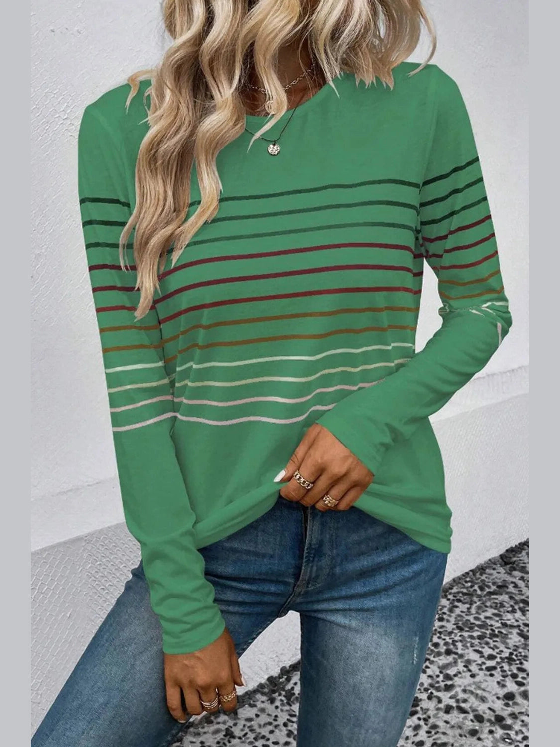 Striped Round Neck Long Sleeve T-Shirt nicholesgifts