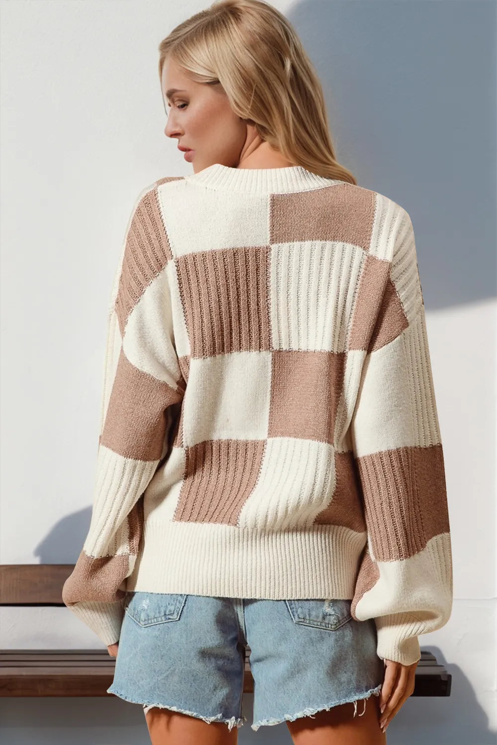 Double Take Full Size Checkered Dropped Shoulder Cardigan Trendsi