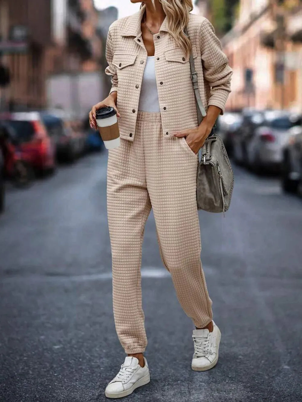 Plaid Texture Snap Down Top and Pants Set nicholesgifts