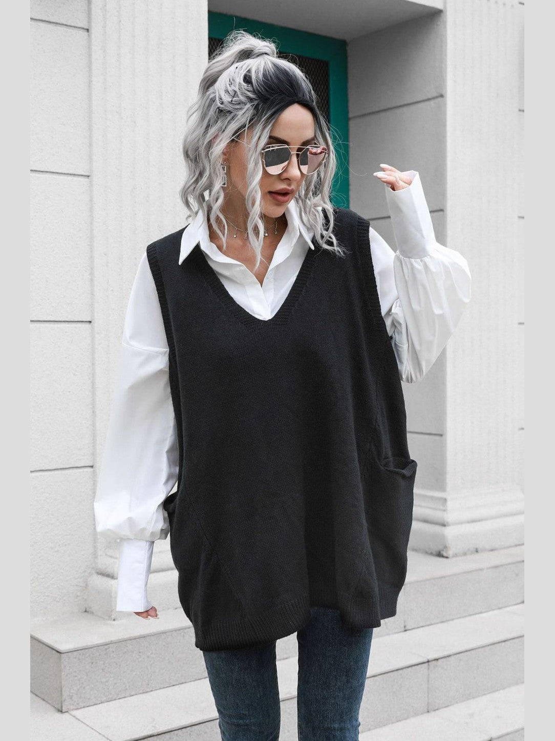 V-Neck Sleeveless Sweater Vest with Pocket nicholesgifts