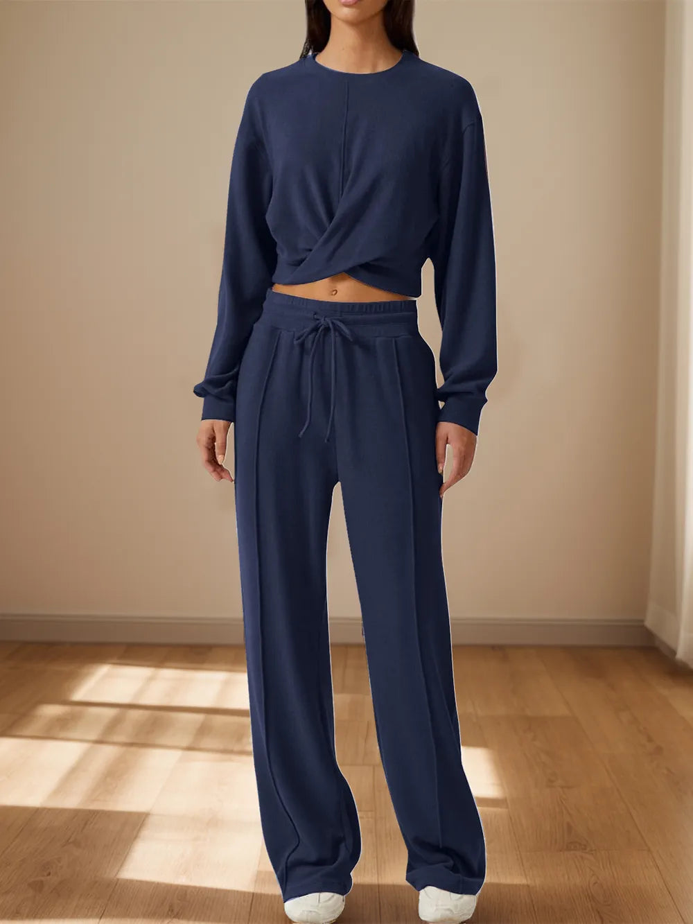 Crisscross Round Neck Top and Drawstring Pants Set nicholesgifts