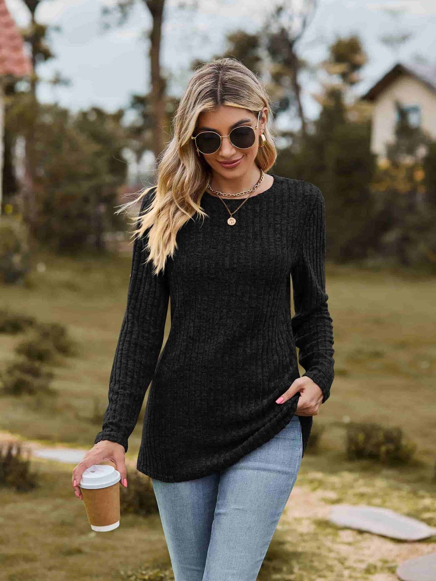 Ribbed Round Neck Long Sleeve Tee NicholesGifts