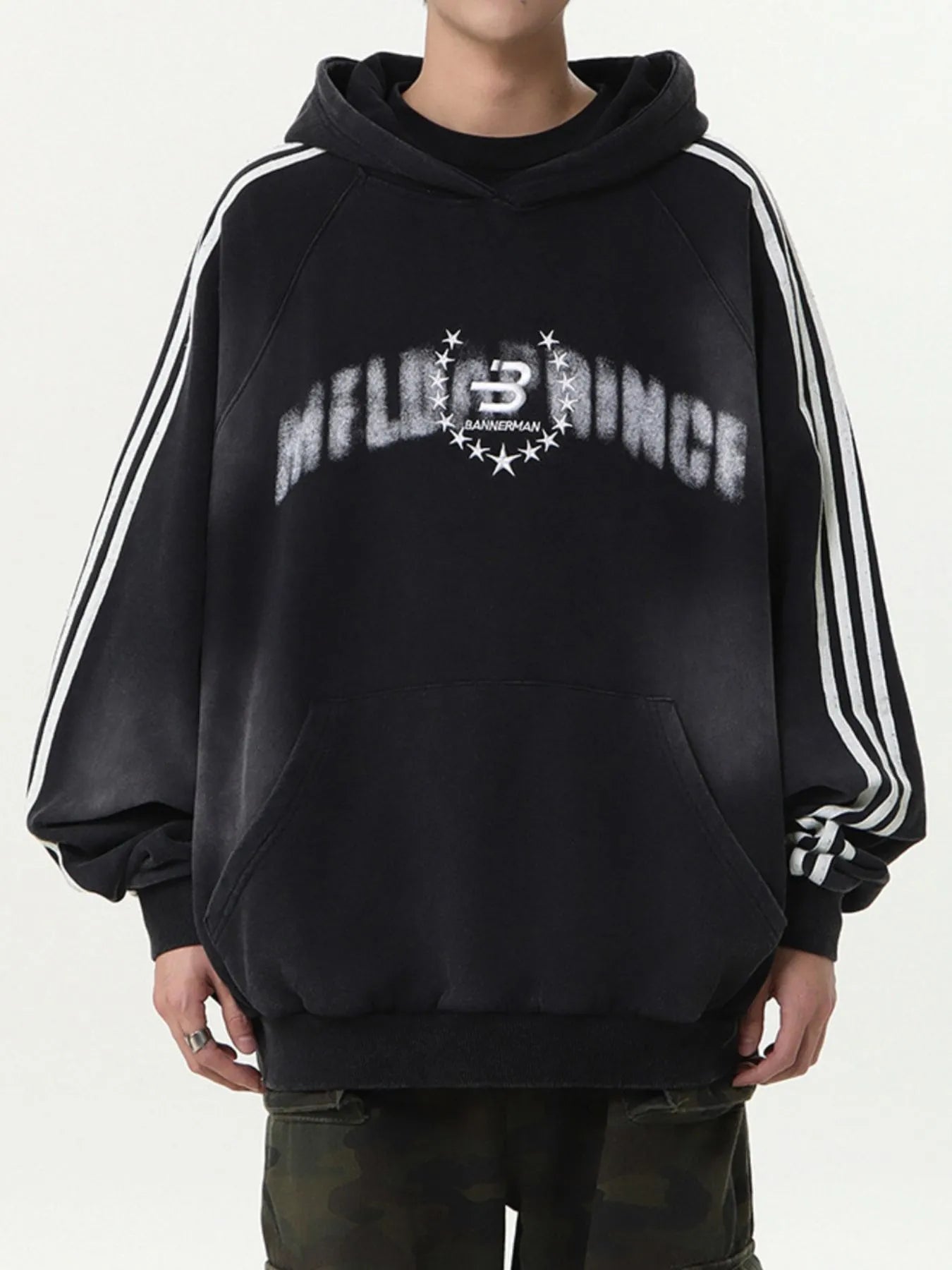 Men's Washed Graphic Striped Sleeve Hoodie NicholesGifts