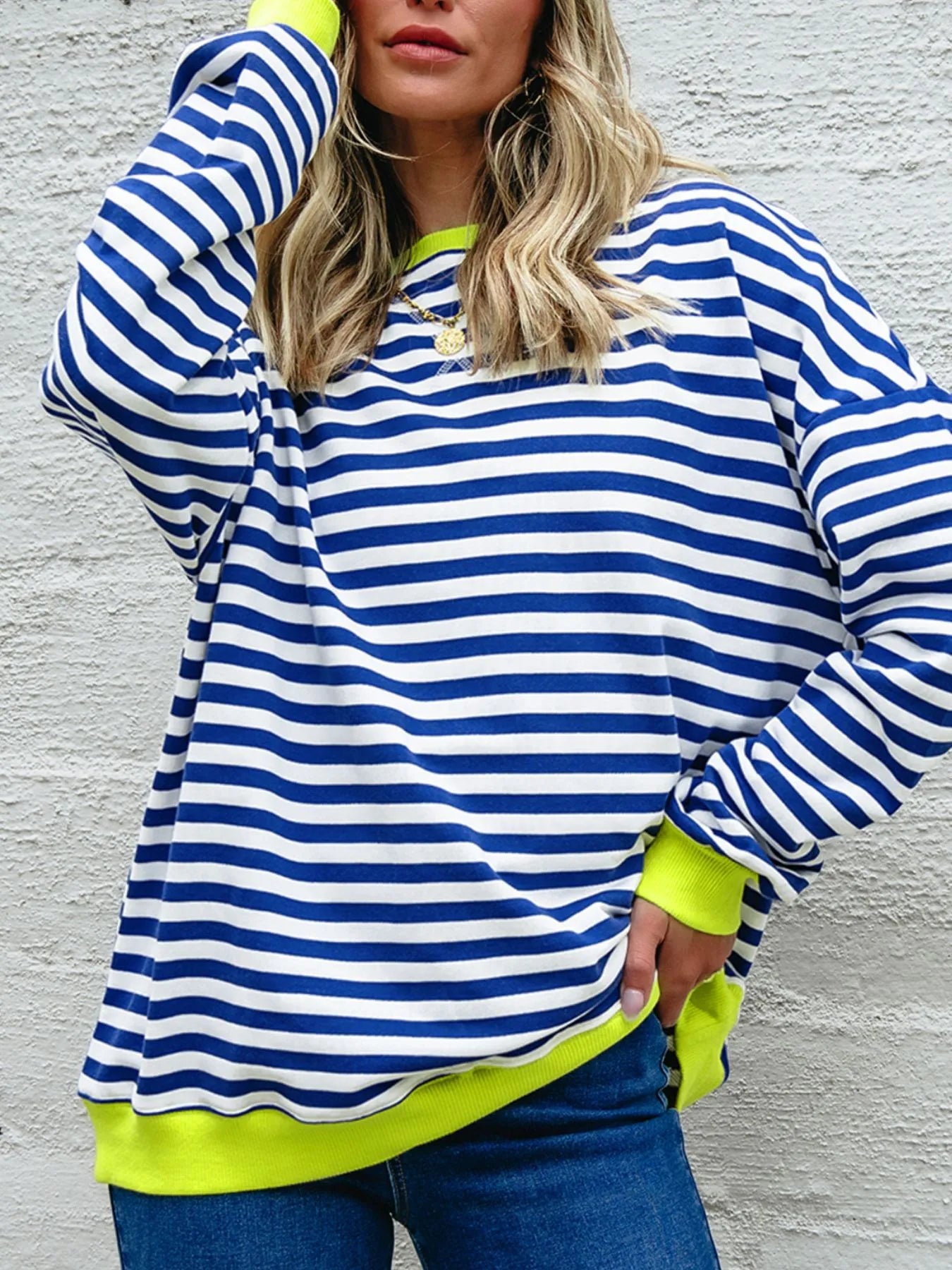 Striped Contrast Ribbed Trim Drop Shoulder Sweatshirt
