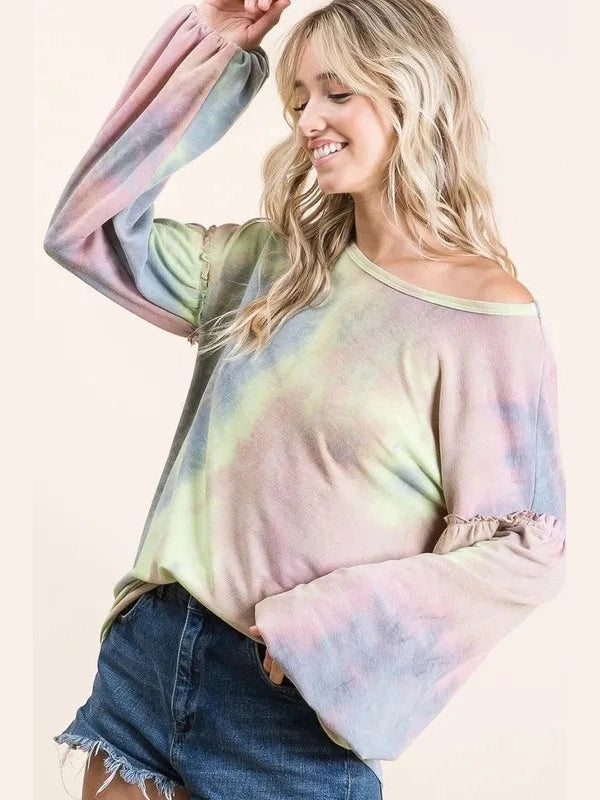 BiBi Tie Dye French Terry Sweatshirt With Bubble Sleeves Trendsi